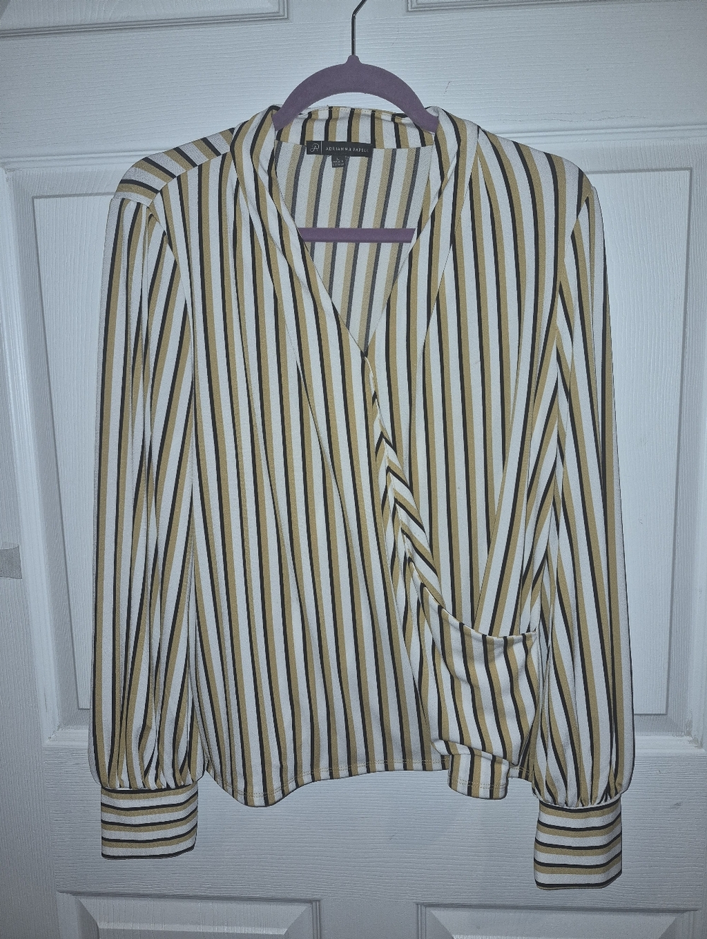 Adrianna Papell Striped Wrap Blouse in Black White and Mustard